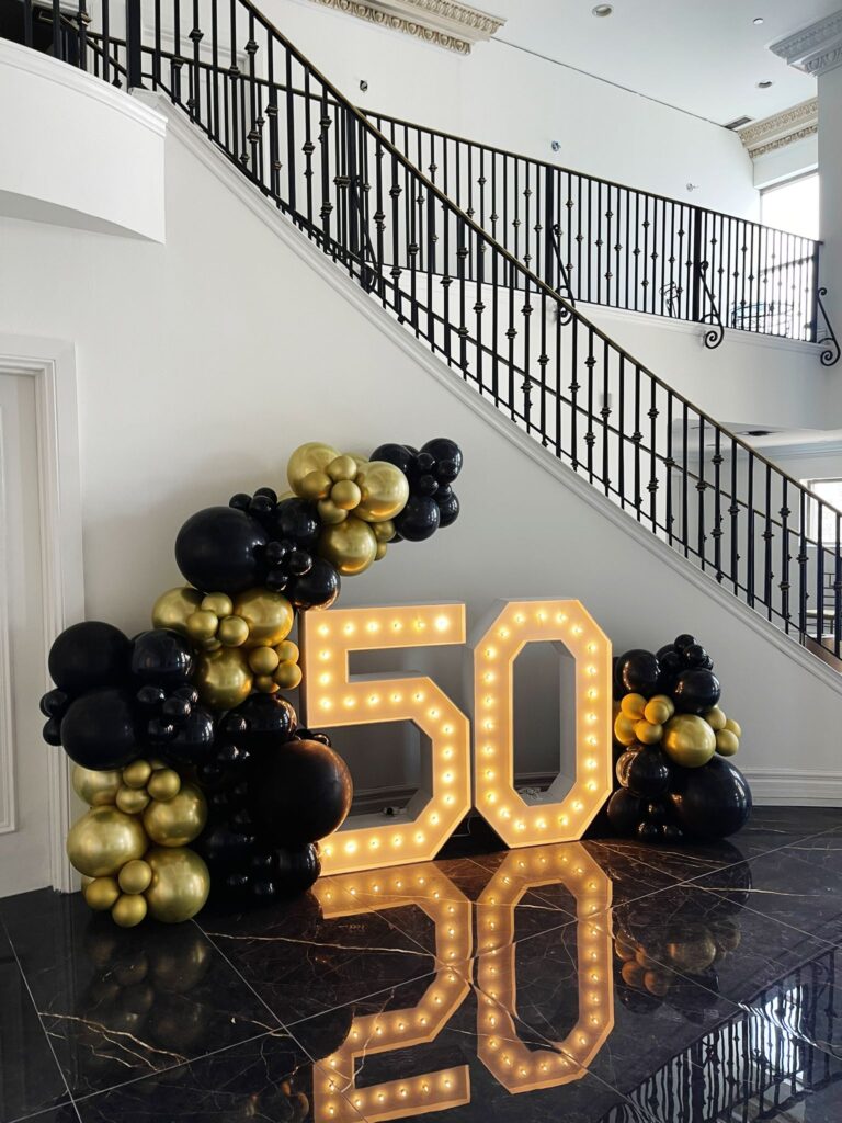 marquee numbers and balloon decor