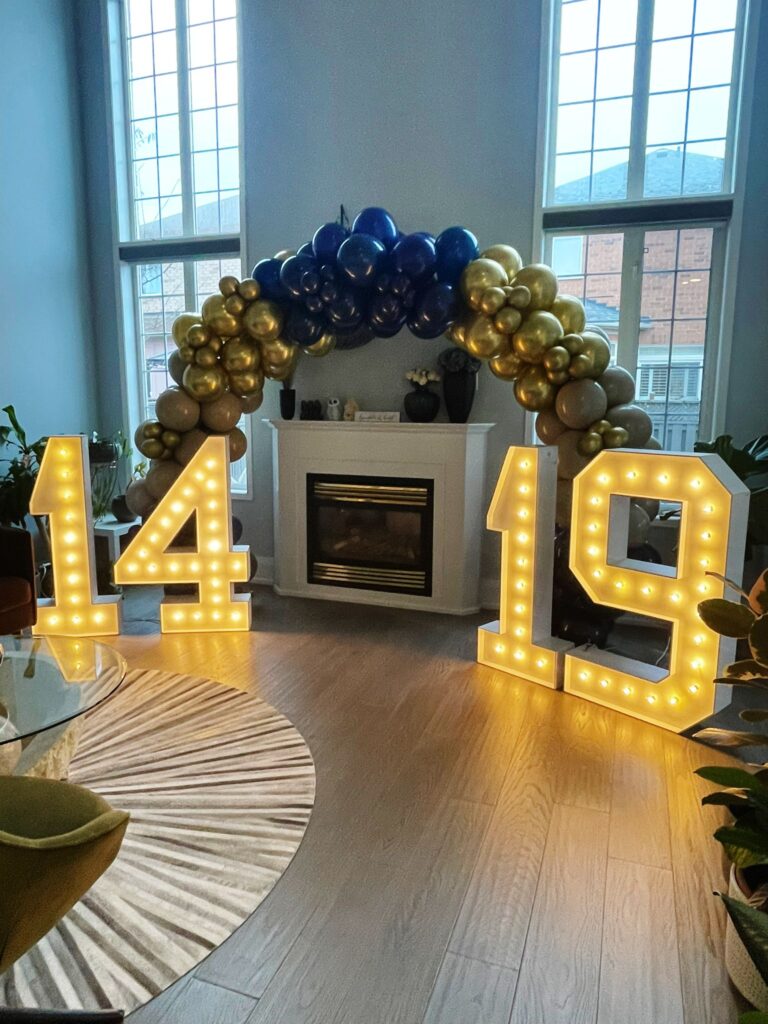 balloon arch and marquee numbers