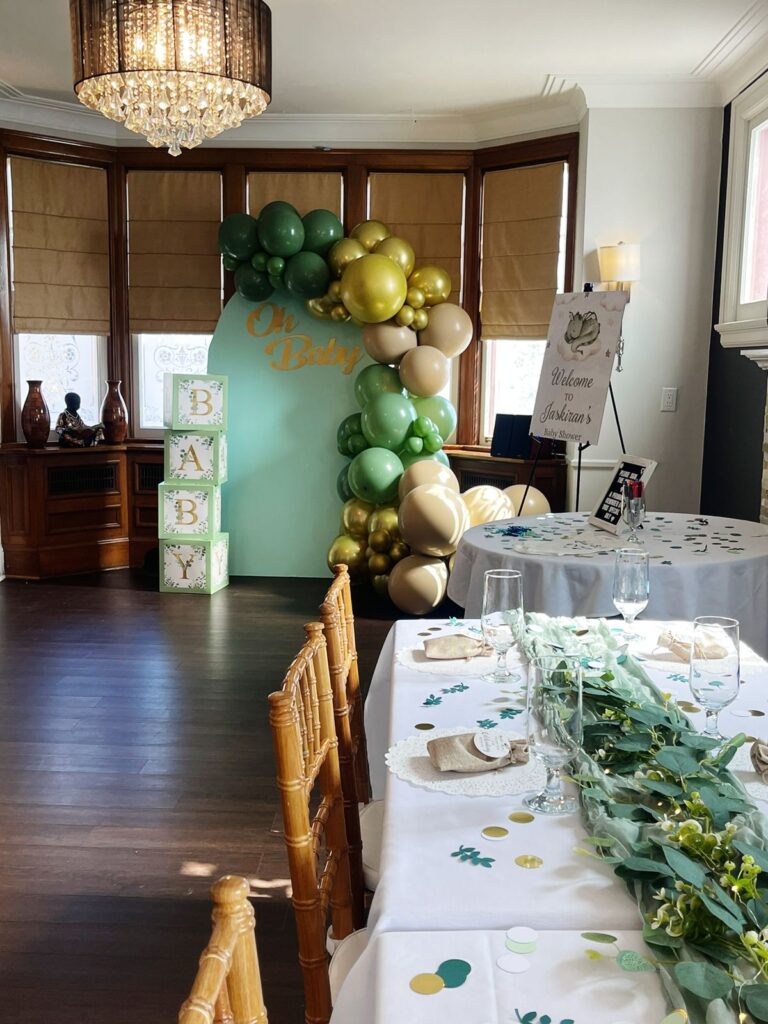 balloon decor, backdrop, block letters and event furniture