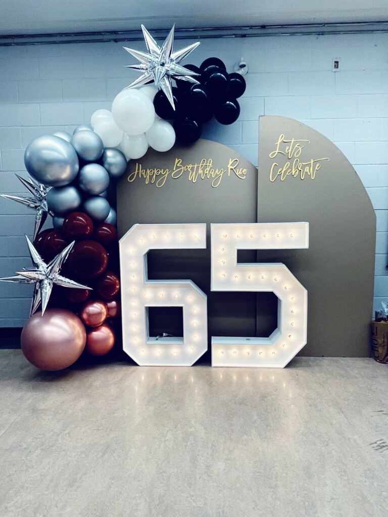 marquee numbers, balloon decor and backdrops