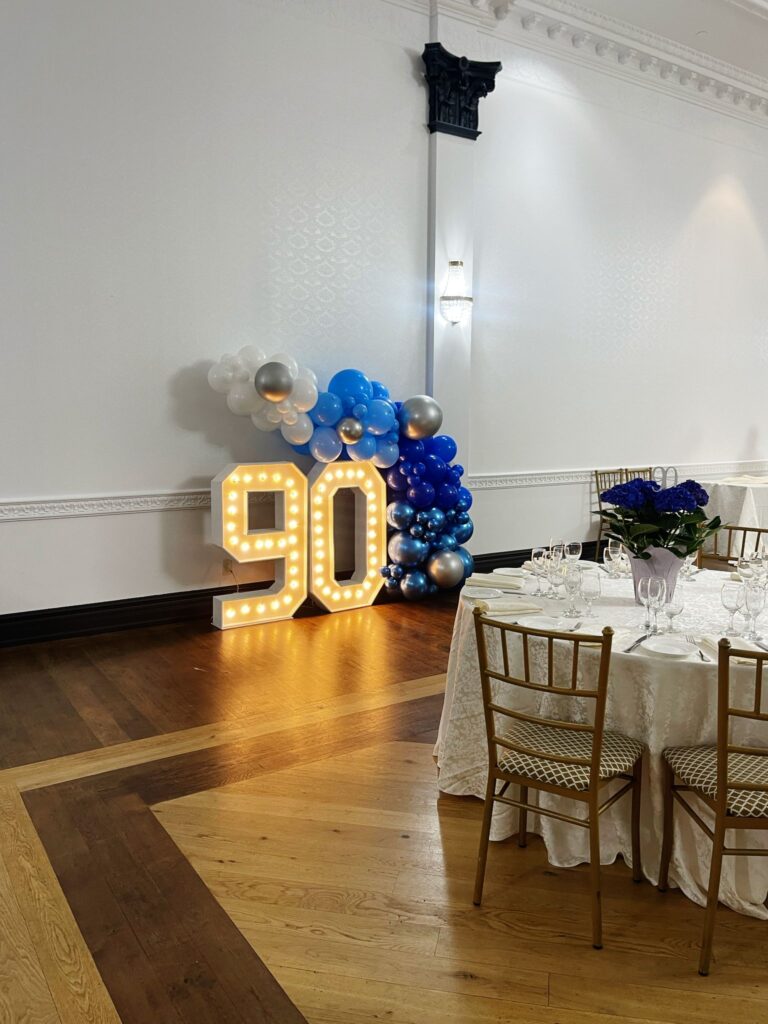 marquee numbers, balloon garland and event furniture