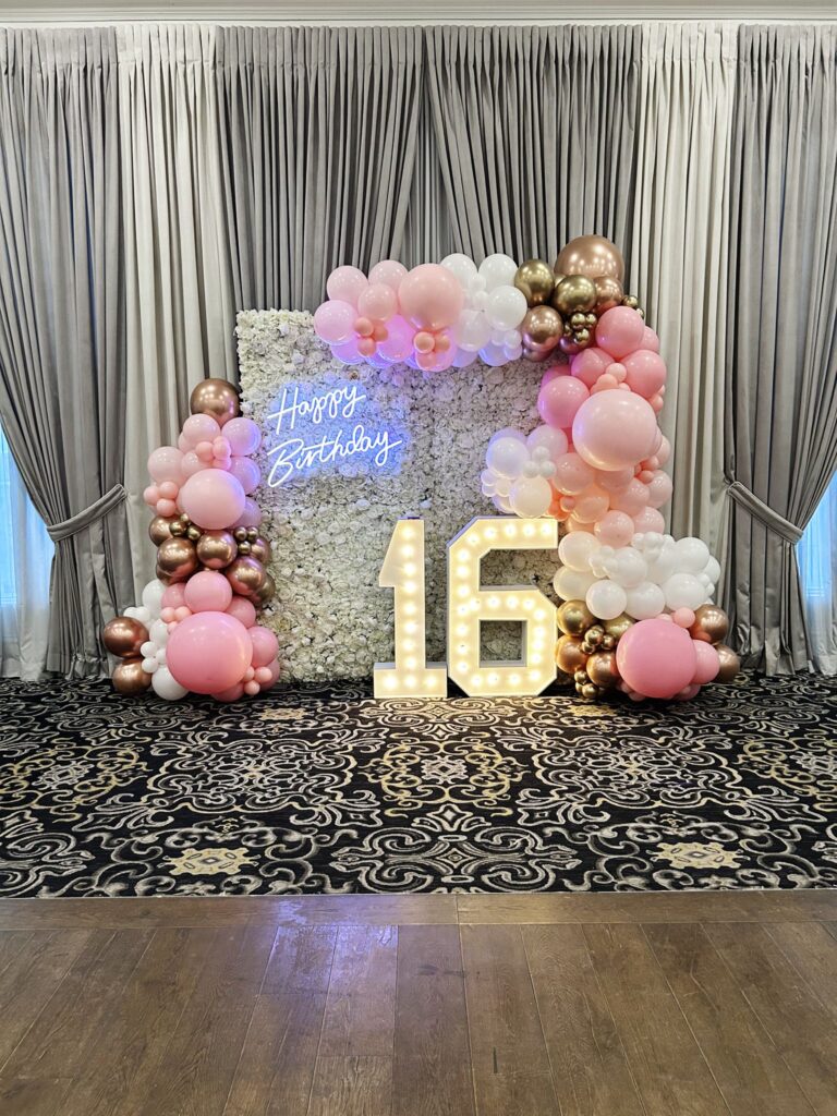 Marquee numbers, balloon decor, a flower wall and neon sign. 